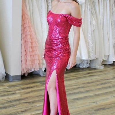 Pink off-the-shoulder sequin ruching long gown with slit,pd230652