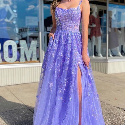 Lavender a-line tulle sequin scoop neck long dress with slit,pd230653 - Thumbnail 3