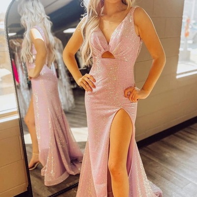 Pink mermaid sequin keyhole open back long dress with slit,pd230655 - Thumbnail 3