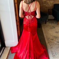 Red Mermaid Appliques Lace-Up Long Formal Dress with Slit ,PD230656 - Thumbnail 1