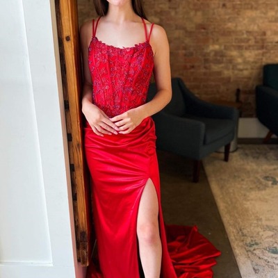 Red mermaid appliques lace-up long formal dress with slit ,pd230656