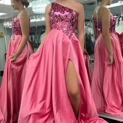 Hot pink  mirror-cut sequins top one shoulder  long prom dress with slit,pd230658