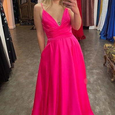 A-line fuchsia plunging v neck straps satin long prom dress with slit,pd230661