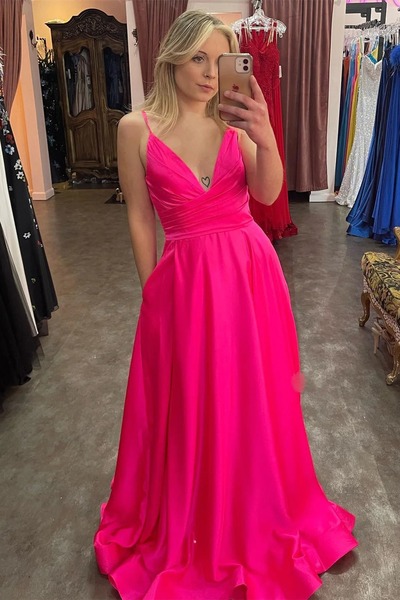 A-line Fuchsia Plunging V Neck Straps Satin Long Prom Dress with Slit,PD230661