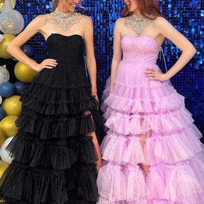 Black multi-layers strapless tulle a-line long prom dress with slit,pd230665