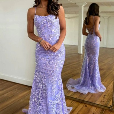 Gorgeous scoop neck mermaid lilac sequin lace long prom dresses,pd230669 - Thumbnail 3