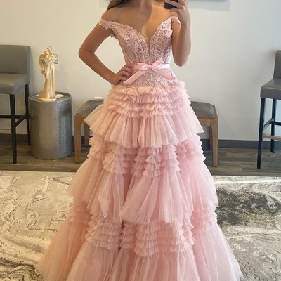Princess off the shoulder light pink tiered ruffled tulle a-line long prom dresses ,pd230670