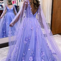 Lavender 3D Floral Lace A-Line Long Prom Dresses with Train ,PD230671 - Thumbnail 1