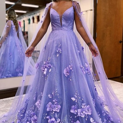 Lavender 3d floral lace a-line long prom dresses with train ,pd230671