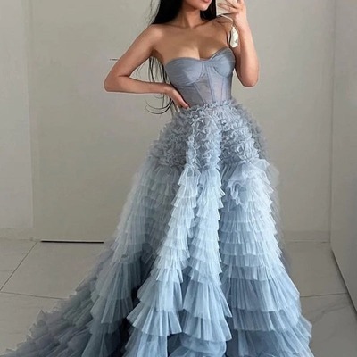 Sweetheart tiered ruffled tulle a-line long prom dresses ,pd230672 - Thumbnail 3