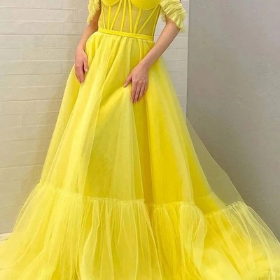 Off the shoulder a line yellow corset prom dress ,pd230673 - Thumbnail 4