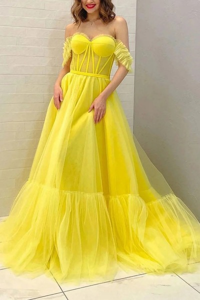 Off the Shoulder A Line Yellow Corset Prom Dress ,PD230673