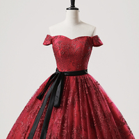 Burgundy Tulle Sequins Long Prom Dress, Offf the Shoulder Party Dress - Thumbnail 1