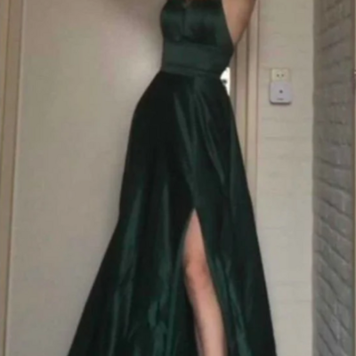 Simple a line backless dark green long prom dresses - Thumbnail 3