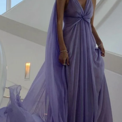 Lilac a line chiffon long prom dresses