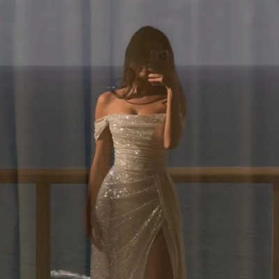 Off shoulder white sequin side slit long evening dresses