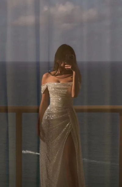 Off Shoulder White Sequin Side Slit Long Evening Dresses