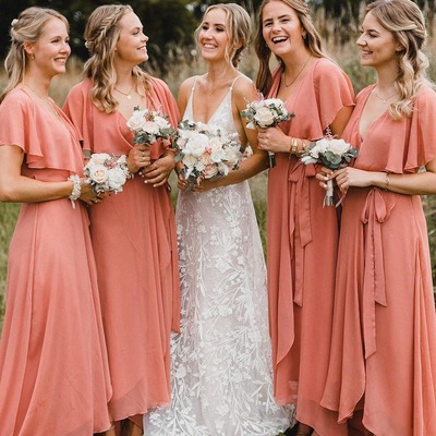 Simple coral chiffon  a-line long bridesmaid dresses ,pd230679