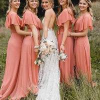 Simple Coral Chiffon  A-Line Long Bridesmaid Dresses ,PD230679 - Thumbnail 1