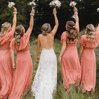 Simple Coral Chiffon  A-Line Long Bridesmaid Dresses ,PD230679 - Thumbnail 2