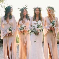 Deep V Neck  A-Line Long Sleeves Light Pink Bridesmaid Dresses,PD230681 - Thumbnail 1