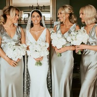 Fashion V Neck Sheath Sage Green Silk Satin Bridesmaid Dress with Bow,PD230682 - Thumbnail 1