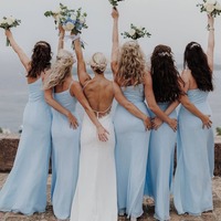 Simple Light Blue Sheath One Shoulder Chiffon Slit Bridesmaid Dress,PD230683 - Thumbnail 1