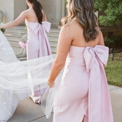 Elegant pink sheath square neck satin bridesmaid dresses with bow,pd230684