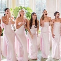 Elegant Pink Sheath Square Neck Satin Bridesmaid Dresses with Bow,PD230684 - Thumbnail 1