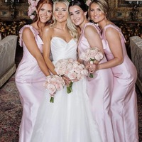 Elegant Pink Sheath Square Neck Satin Bridesmaid Dresses with Bow,PD230684 - Thumbnail 3