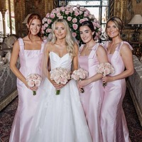 Elegant Pink Sheath Square Neck Satin Bridesmaid Dresses with Bow,PD230684 - Thumbnail 4