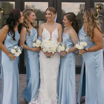 Simple light blue sheath straps silk satin bridesmaid dresses with slit,pd230687 - Thumbnail 3