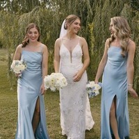 Simple Light Blue Sheath Straps Silk Satin Bridesmaid Dresses with Slit,PD230687 - Thumbnail 1