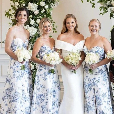 Floarl strapless sheath printed satin long bridesmaid dresses,pd230688