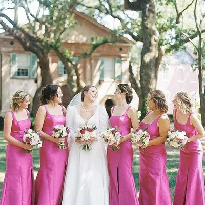 Elegant sheath fuchsia satin square neck bridesmaid dresses with bow,pd230689