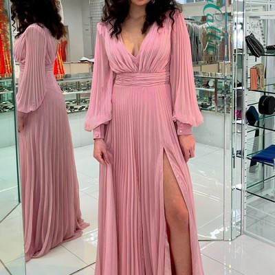 Charming v neck a line blush pink chiffon long sleeves wedding guest dress,pd230692