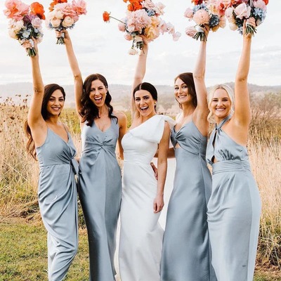 Chic sheath v neck  silk satin tea length long light grey bridesmaid dresses,pd230693 - Thumbnail 2
