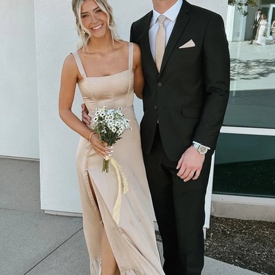 Fashion tea length sheath straps satin bridesmaid dresses with slit ,pd230694