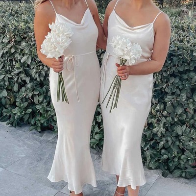 Simple tea length sheath cowl neck silk satin bridesmaid dresses ,pd230695 - Thumbnail 4