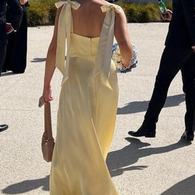Cute  yellow sheath straps satin long bridesmaid dresses with slit ,pd230696