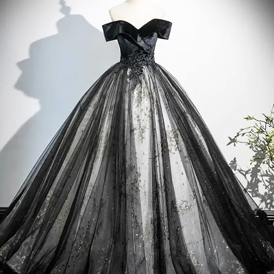 Black velvet and tulle long prom dress, off the shoulder evening party dress - Thumbnail 2