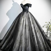 Black Velvet and Tulle Long Prom Dress, Off the Shoulder Evening Party Dress - Thumbnail 1