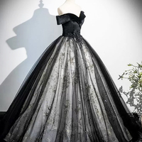 Black Velvet and Tulle Long Prom Dress, Off the Shoulder Evening Party Dress - Thumbnail 2