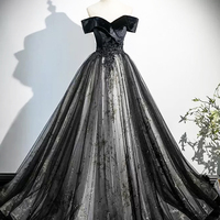 Black Velvet and Tulle Long Prom Dress, Off the Shoulder Evening Party Dress - Thumbnail 4