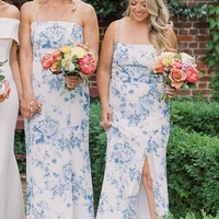 Simple Long Sheath Printed Porcelain Bridesmaid Dresses with Slit,PD230697 - Thumbnail 1