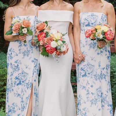 Simple long sheath printed porcelain bridesmaid dresses with slit,pd230697