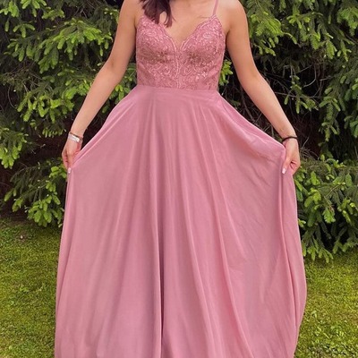 Fairy v neck chiffon pink a line long bridesmaid dress with lace,pd230698 - Thumbnail 2