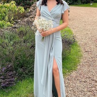 Simple Chiffon Slit A Line Bridesmaid Dress with Flared Sleeves,PD230699 - Thumbnail 2