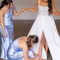 Long Fashion Sheath One Shoulder Silk Satin Bridesmaid Dresses,PD230702 - Thumbnail 1