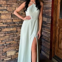 Simple Sage Halter Chiffon A Line Wedding Guest Dress with Slit,PD230703 - Thumbnail 1